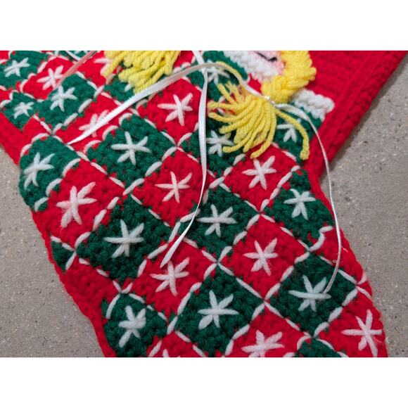 Pair of Vtg Crocheted Kitschy Christmas Stockings Handmade Sleeping Girl Appliqu - Picture 4 of 9